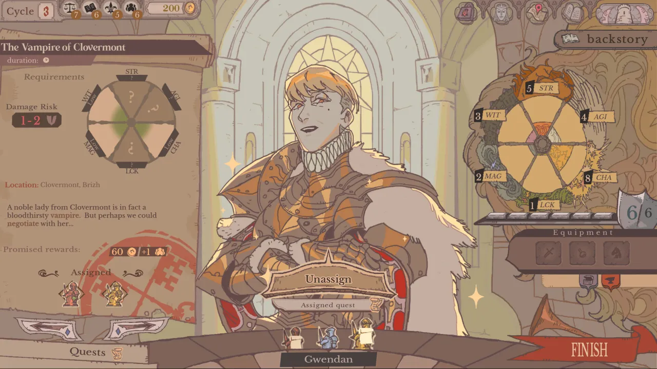 Sovereign Tower quest assignment screen showing Knight stats and requirements